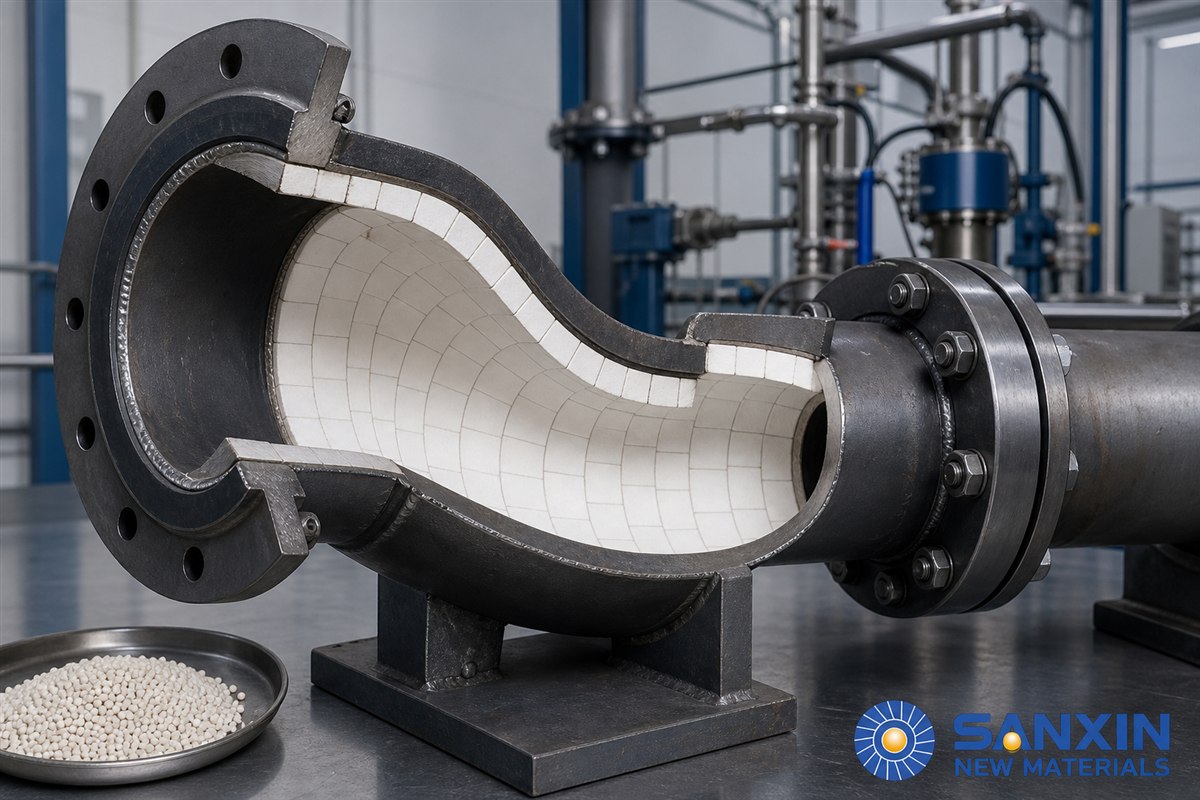 Cutaway Sanxin wear-resistant ceramic-lined elbow showing the alumina lining