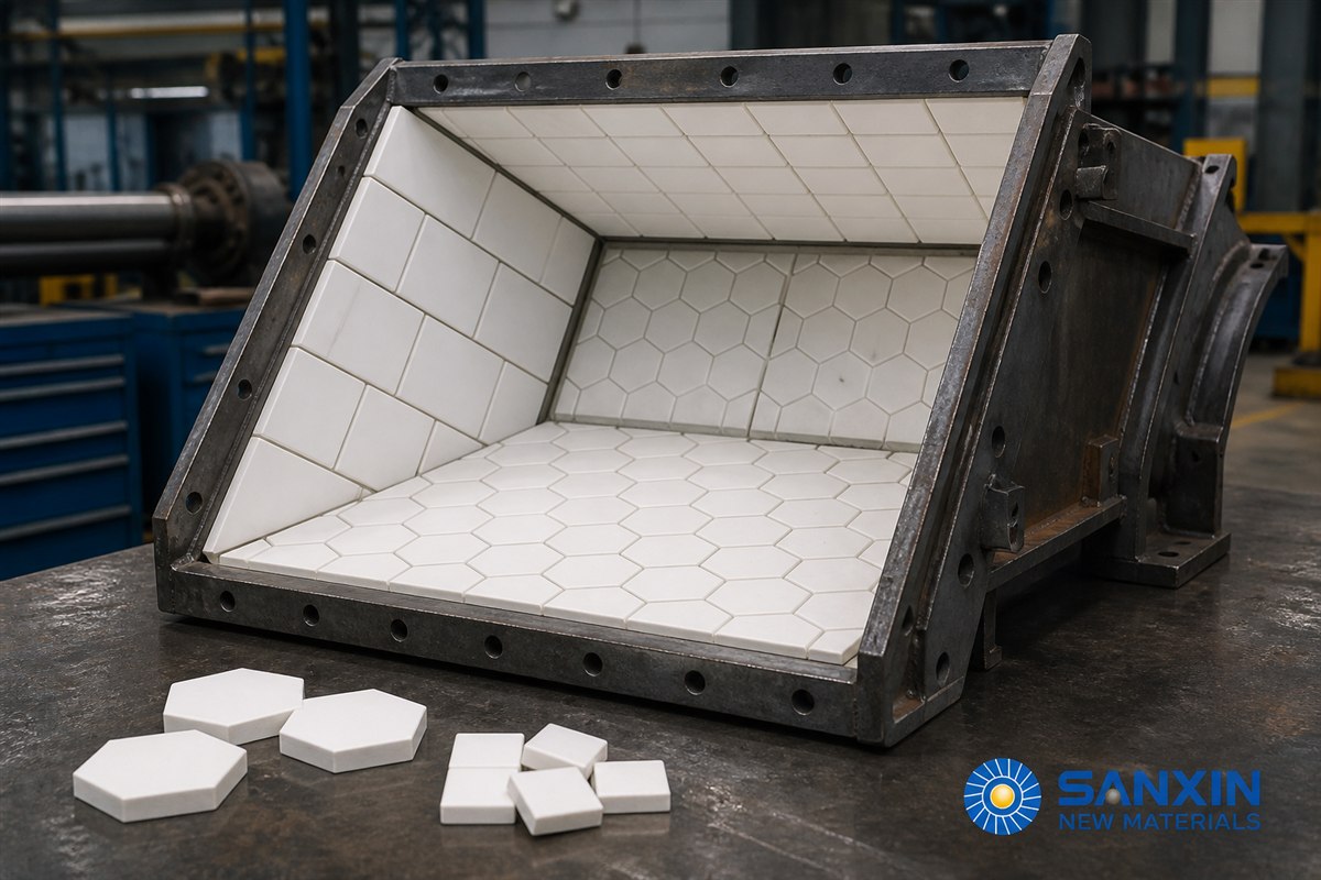 Sanxin alumina ceramic wear tiles installed inside a steel transfer chute